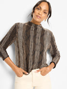 Mock neck Ombre Pixel Knit Sweater with vertical textured stripes in light and dark brown.