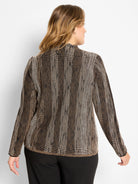 Brown & black pixel knit sweater. Vertical lines of light beige dots create a textured ombre pattern. High neck, long...