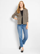 Tan and black pixel-pattern cardigan with an open front, 3/4 sleeves, and ribbed trim.