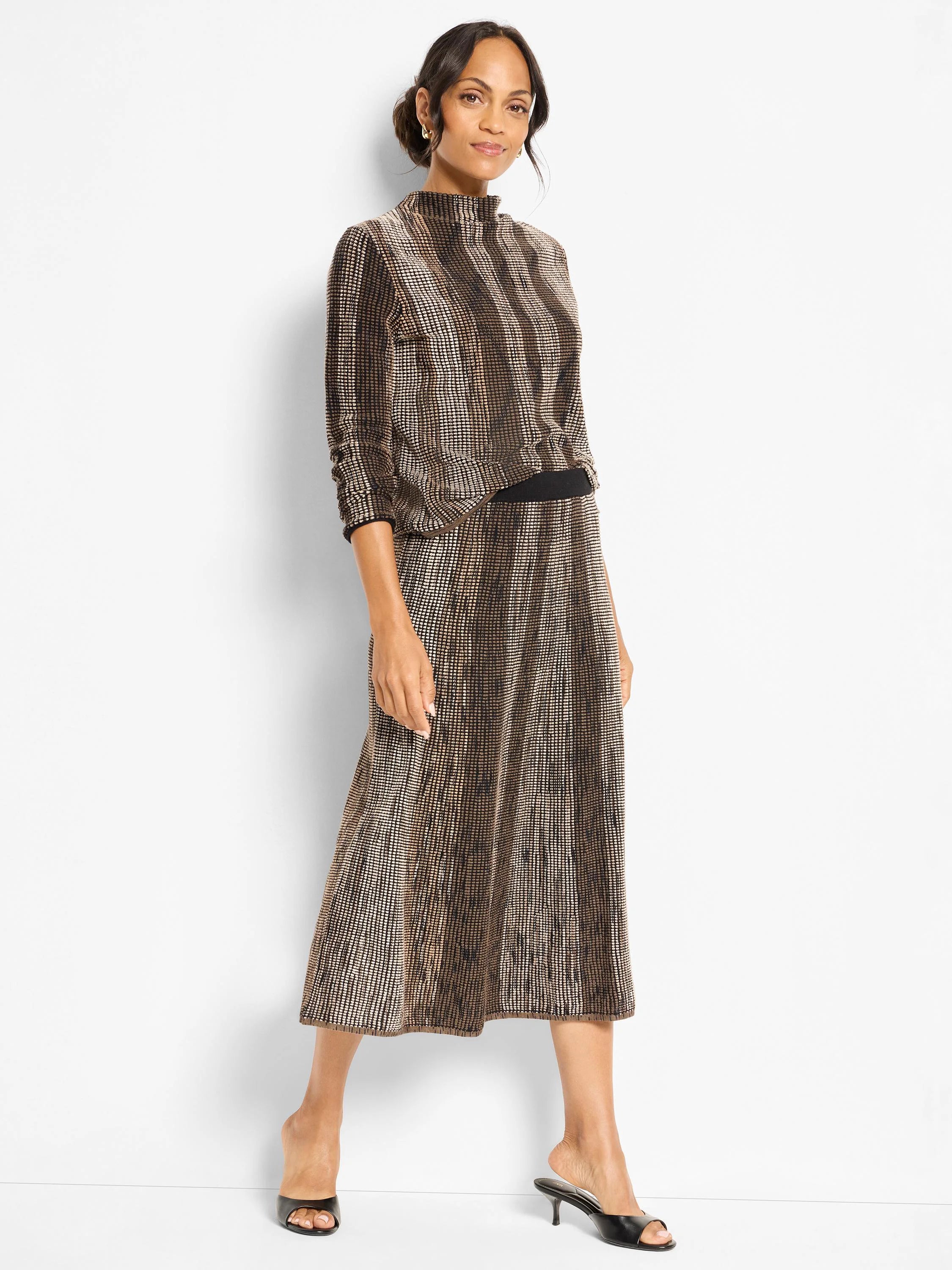 Brown ombre pixel knit midi skirt with a speckled, vertical striped pattern, darker at the waist, lighter at the hem.