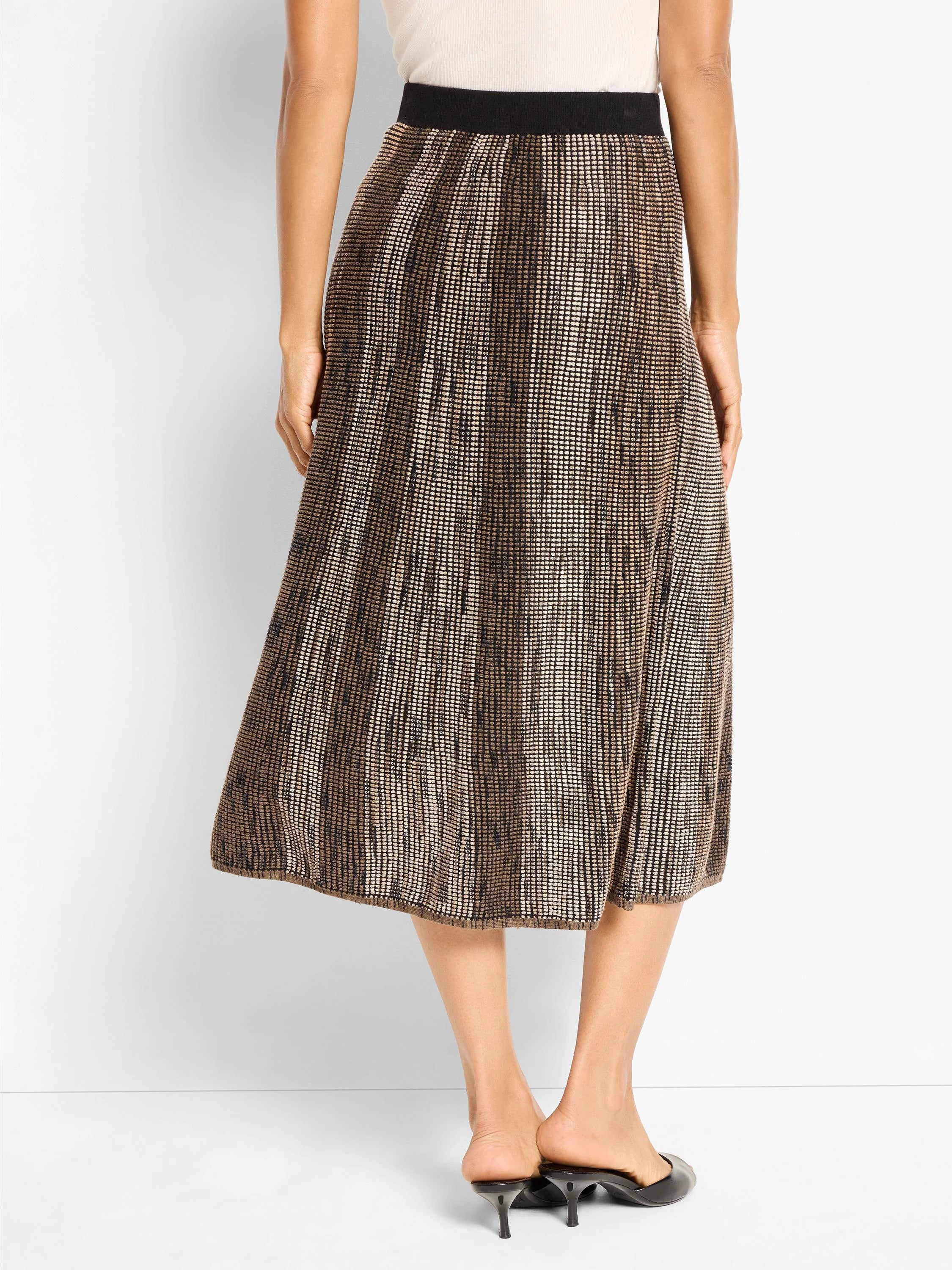 Midi A-line knit skirt. Ombre pixel pattern, dark brown fading to light beige, with a black waistband.