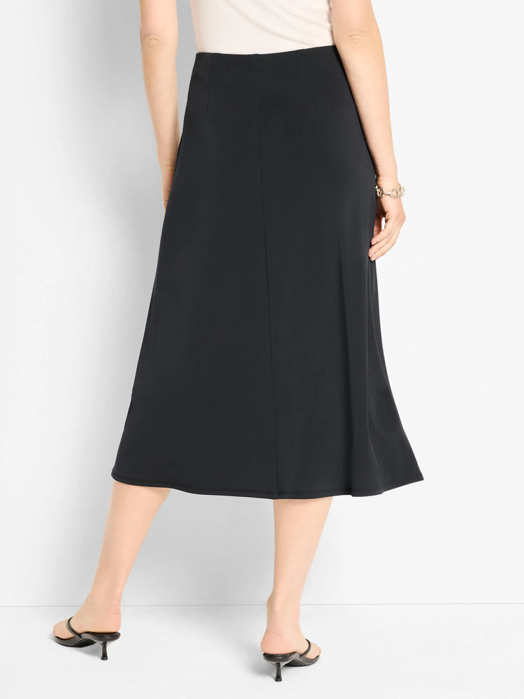 Black A-line midi skirt. Straight back, subtle flare at hem.