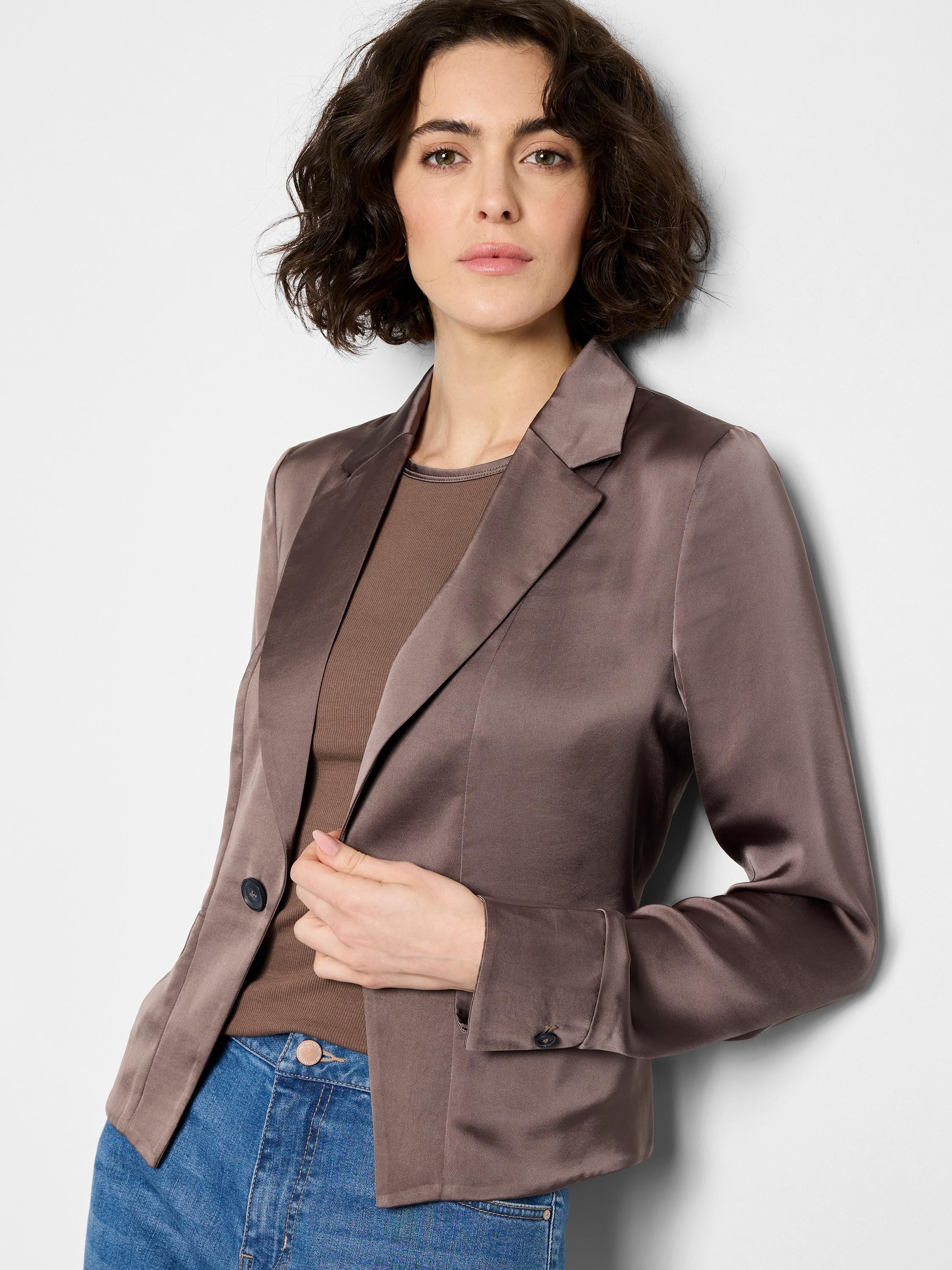 Mauve satin tuxedo jacket, single button, notched lapels, long sleeves.