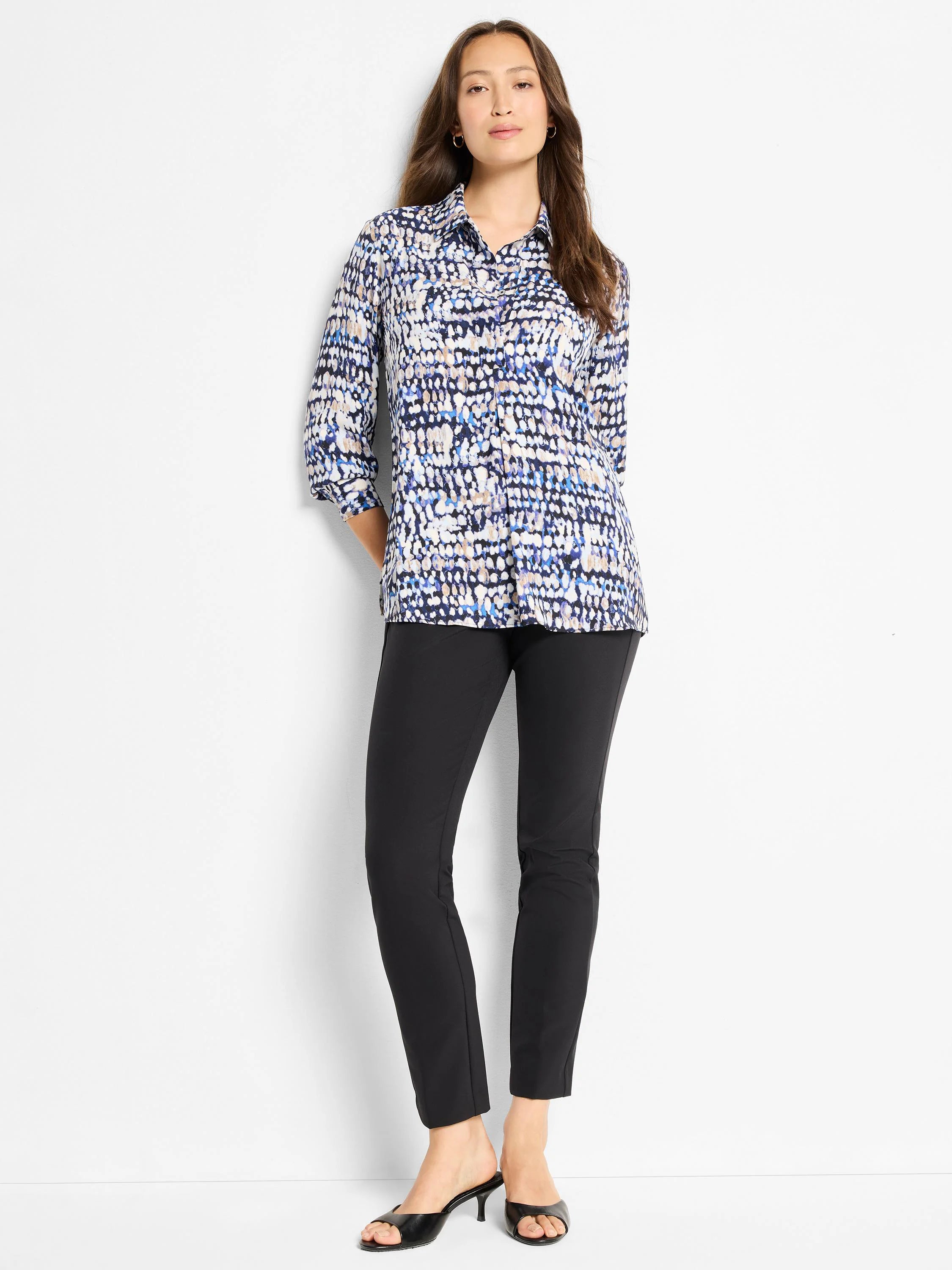 Harvest Dot Top: Collared, 3/4 sleeve shirt with abstract blue, white & tan dot pattern.