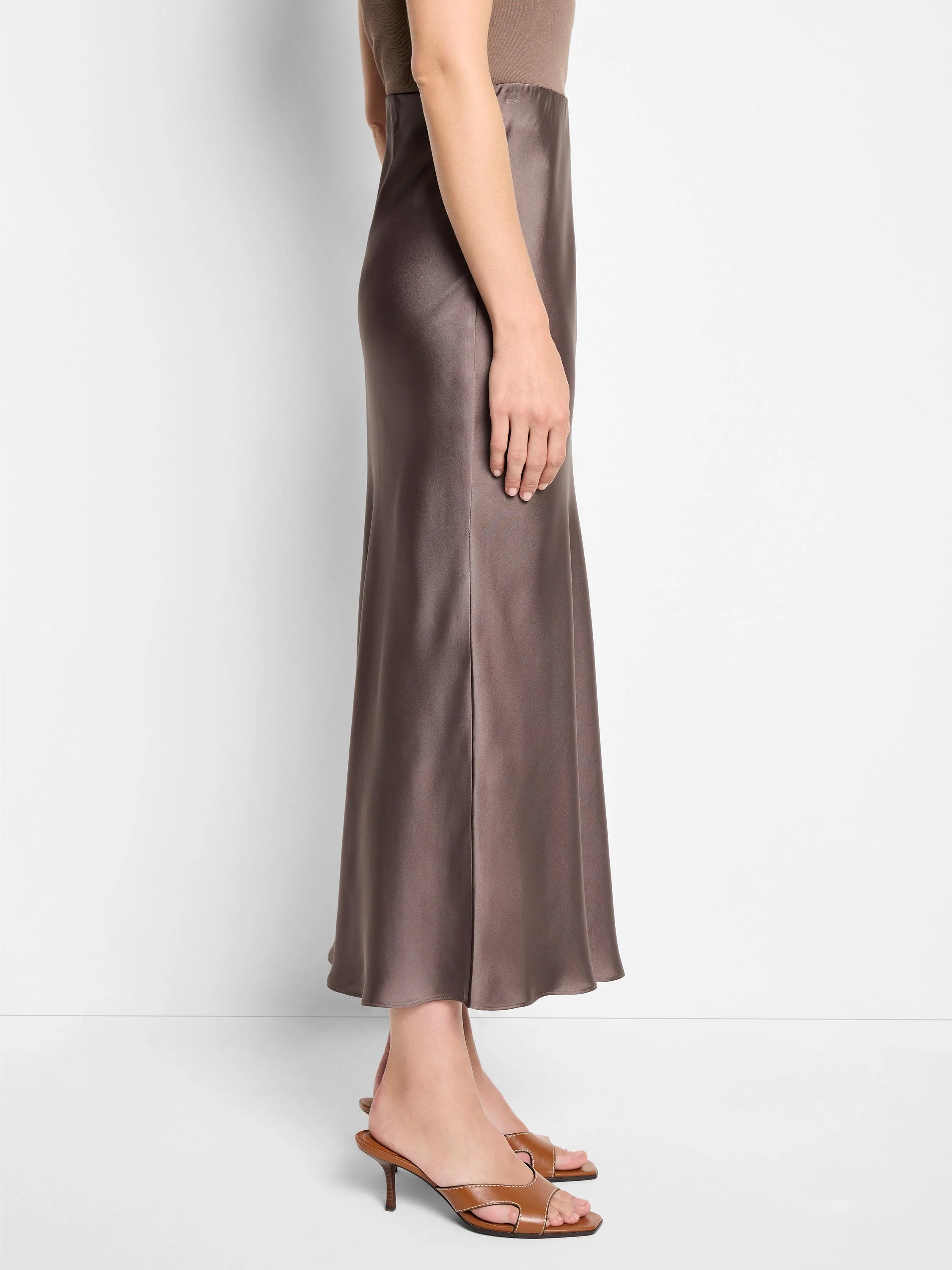 Mauve midi slip skirt; satin fabric; A-line silhouette.