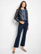 Dark navy blue ankle-length pants with a slight bootcut flare and smooth texture.