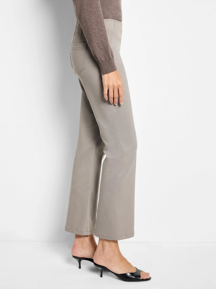 Greige bootcut pants with a smooth fit through the thigh, subtly flared leg, and a cropped length.