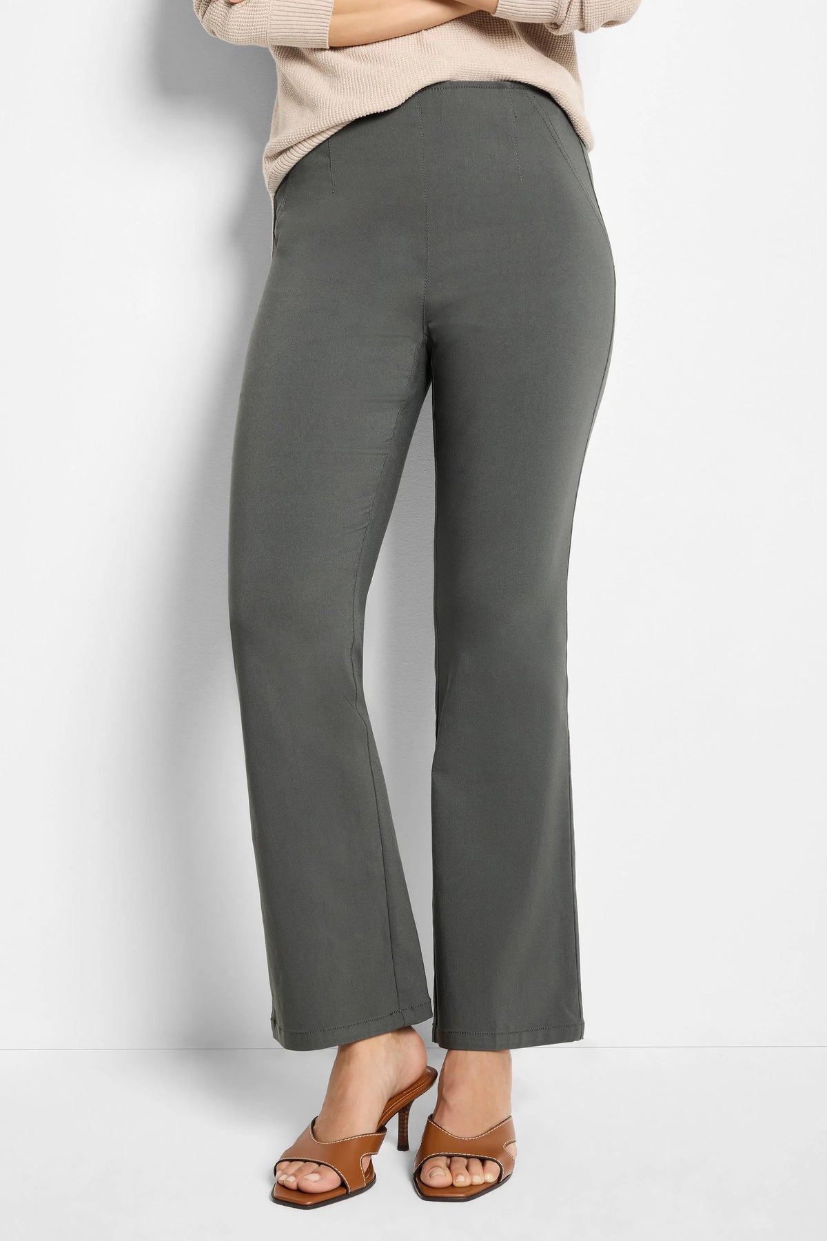Dark olive bootcut pants with a flat front and subtle vertical seam details.