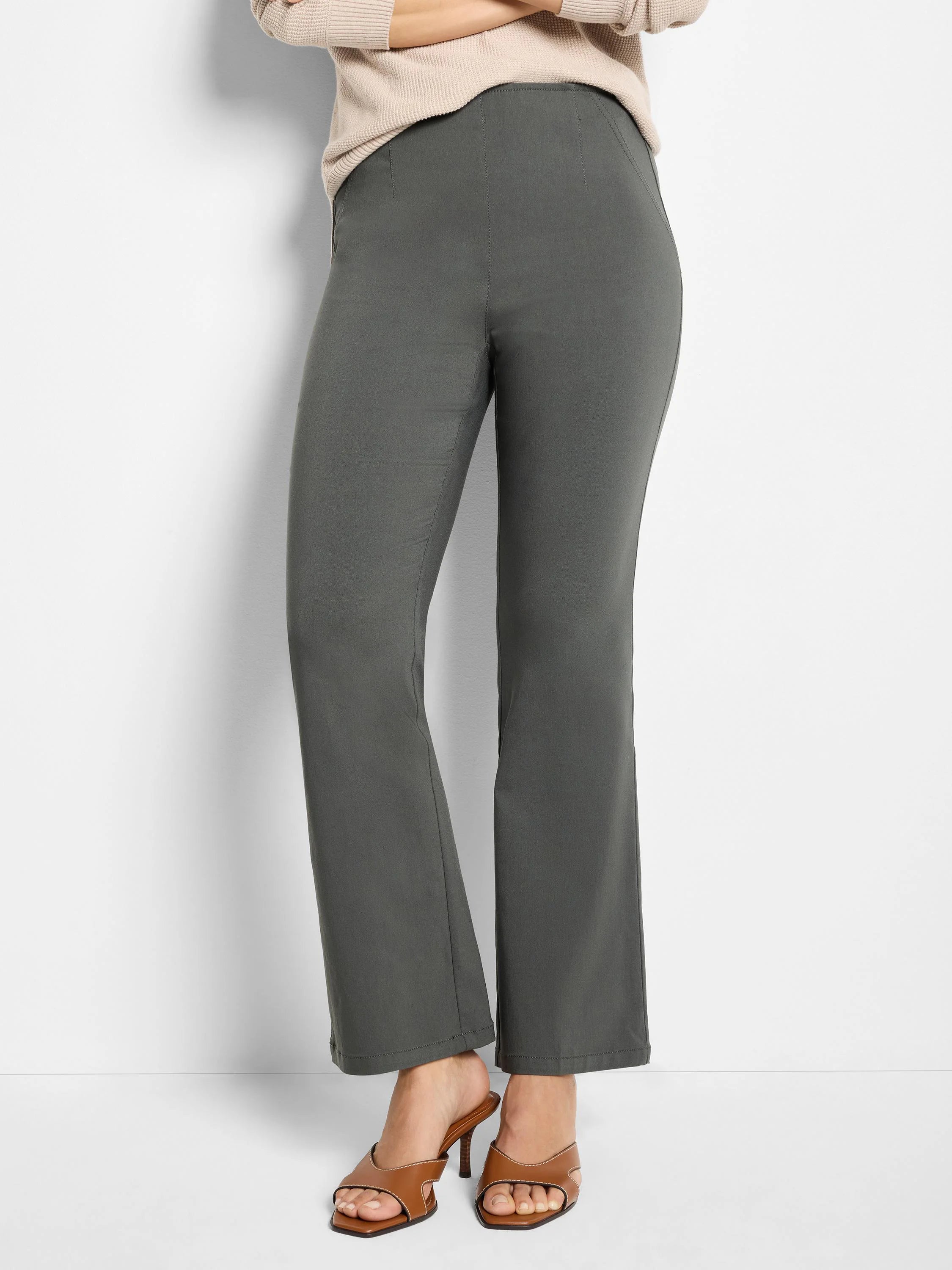 Dark olive bootcut pants with a flat front and subtle vertical seam details.