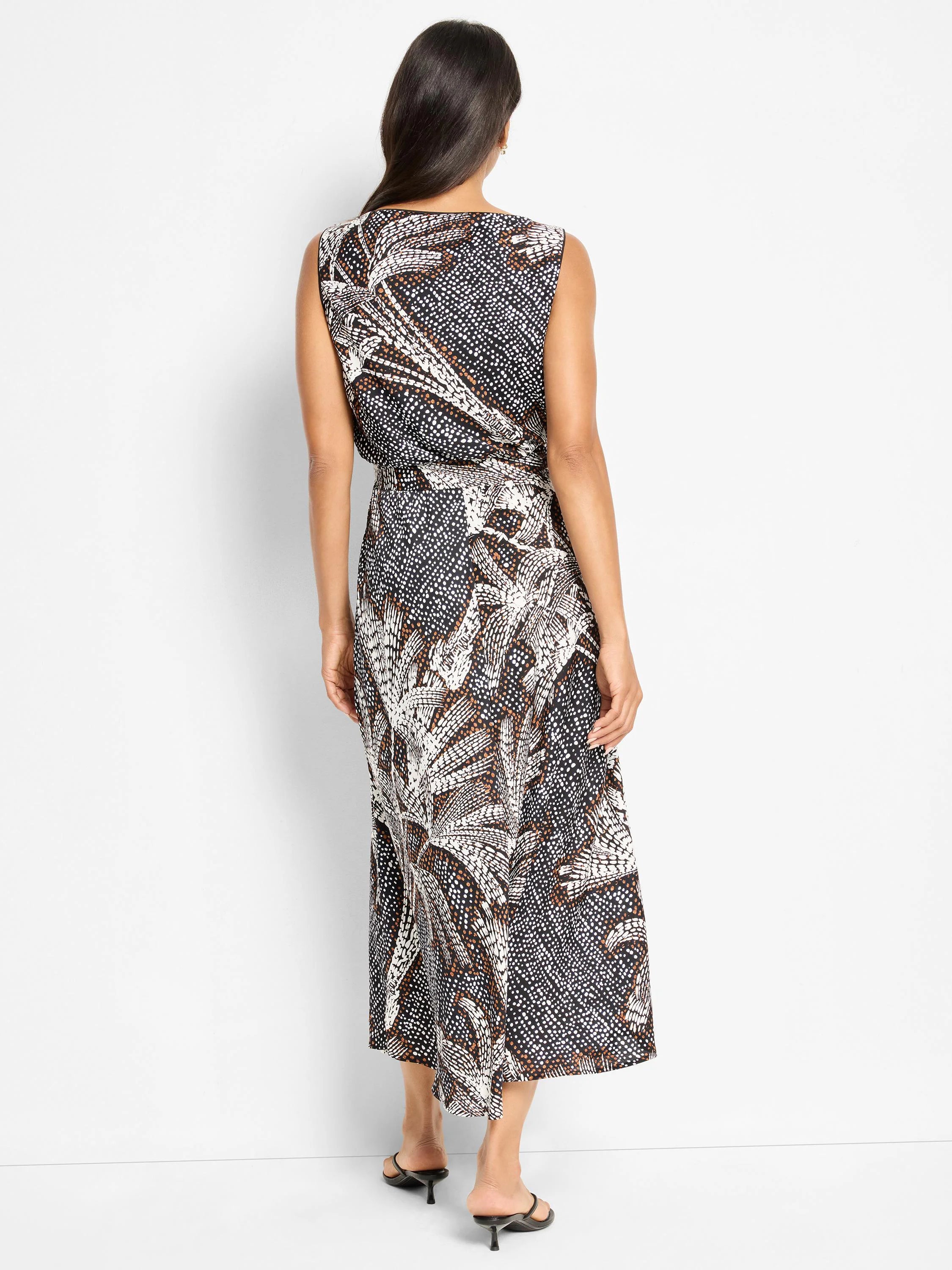 Black midi dress, sleeveless boat neck, brown and white palm print.