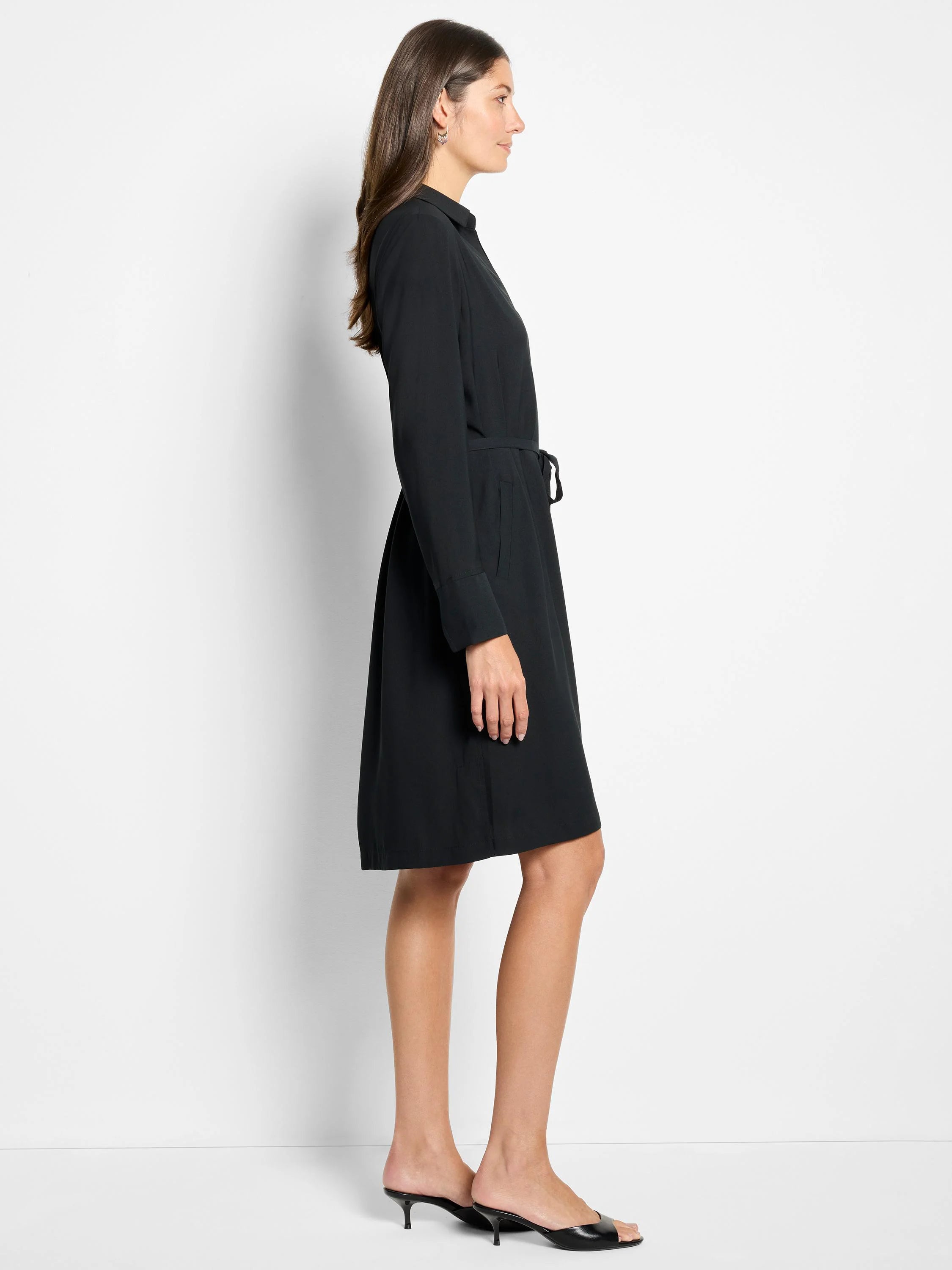 Black long-sleeve mini dress with a collared neckline and a tie waist. A-line silhouette.