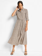 Black, tan, & white abstract dot print midi shirt dress, button front, chest pockets, tie belt.