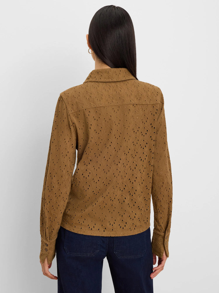 Brown long-sleeved pop-on top with a collar, featuring an all-over intricate eyelet pattern.