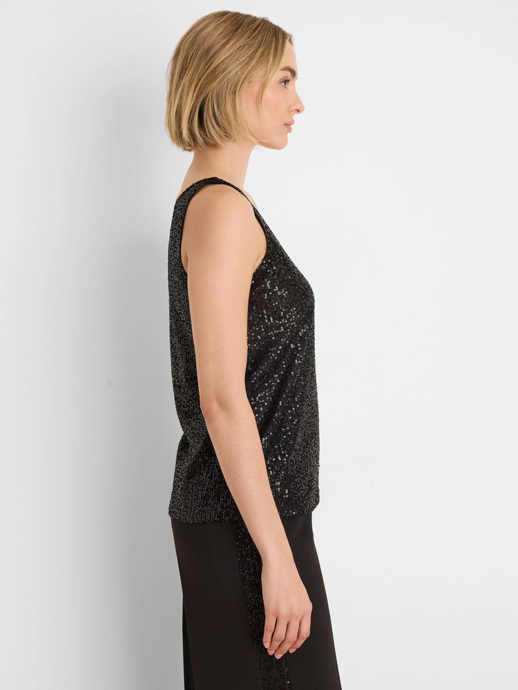 Black sequin knit tank top, covered in shimmering dark sequins.