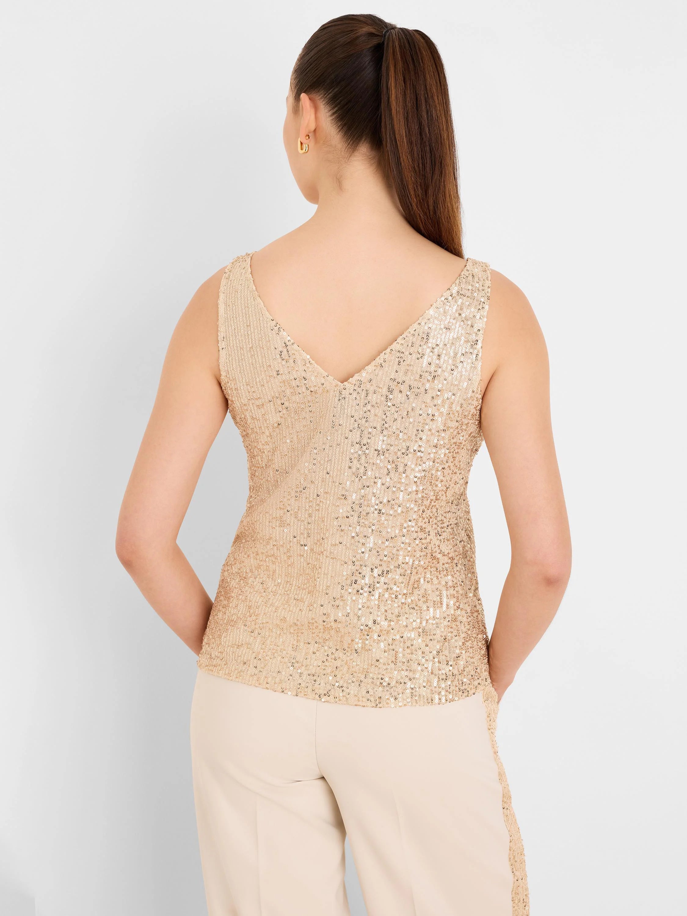 Gold sequin tank top, sleeveless, with a V-neck back.