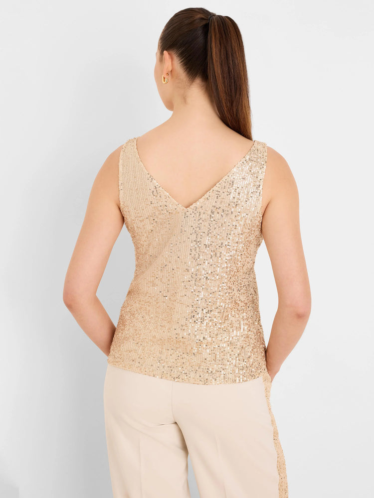 Gold sequin tank top, sleeveless, with a V-neck back.