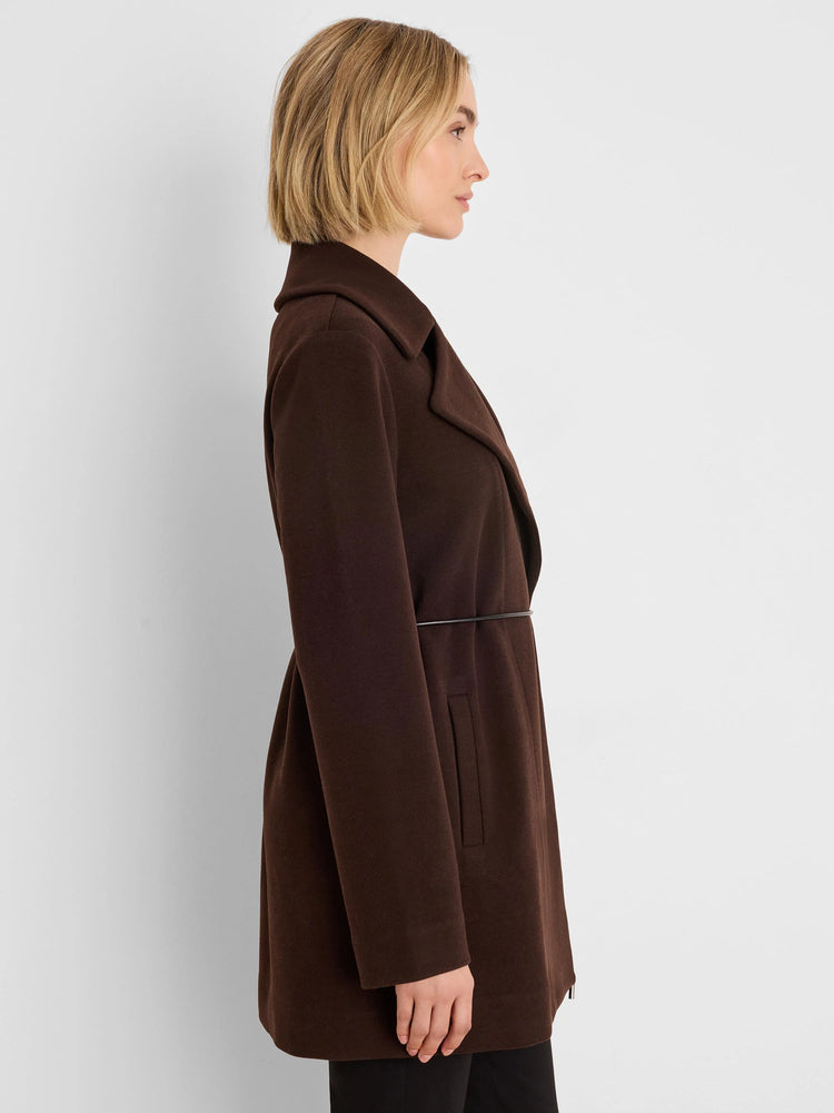 Dark brown Knit Twill Wrap Jacket with wide lapels and thin black belt, shown mid-thigh on model.