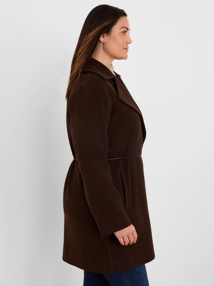 Dark brown wrap jacket with lapel collar, long sleeves, and thin black tie belt, shown mid-thigh.