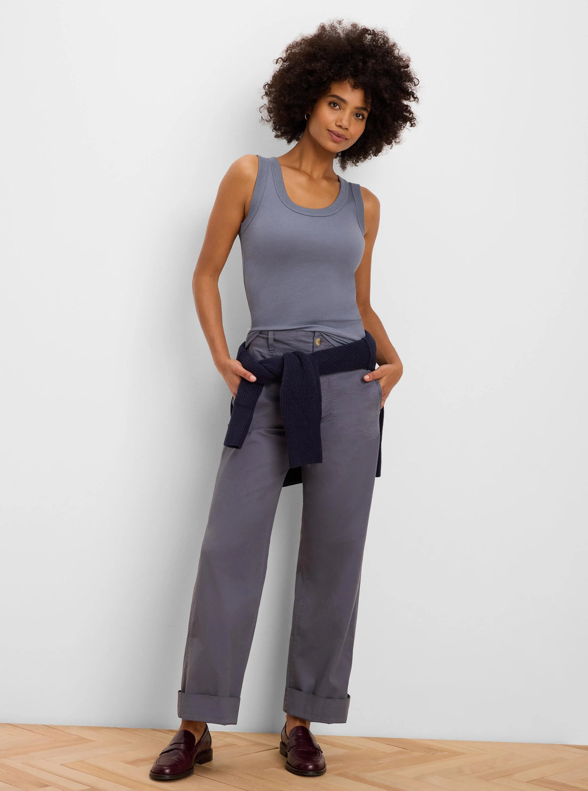 Dusty blue-grey fitted ribbed knit scoop neck tank.
