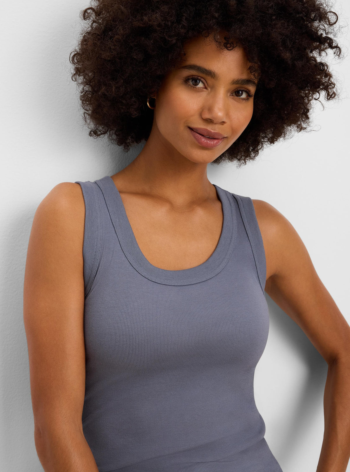 Muted blue-grey ribbed knit scoop neck tank.
