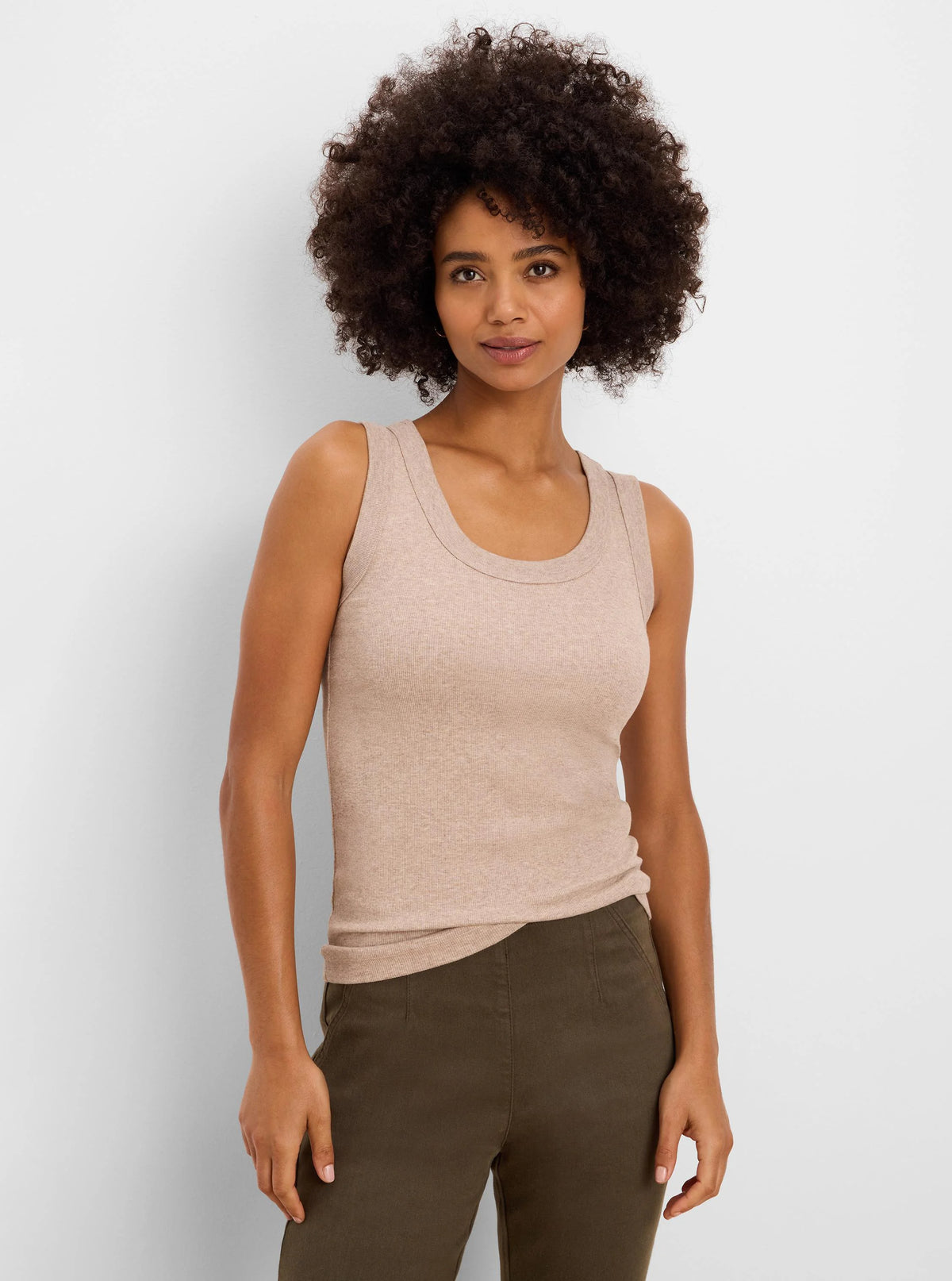 Light tan, fitted, ribbed knit scoop tank.