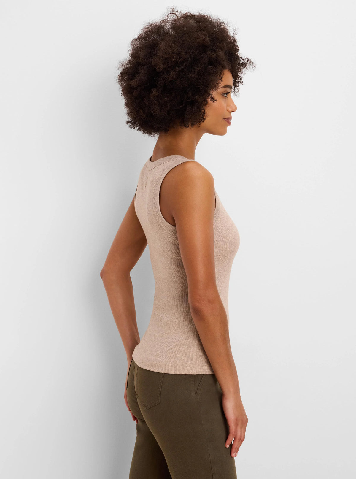 Light tan ribbed knit scoop tank. Sleeveless, fitted style.
