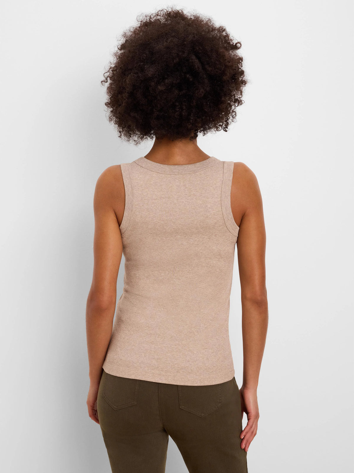 Light beige ribbed knit tank top, rounded back neckline.
