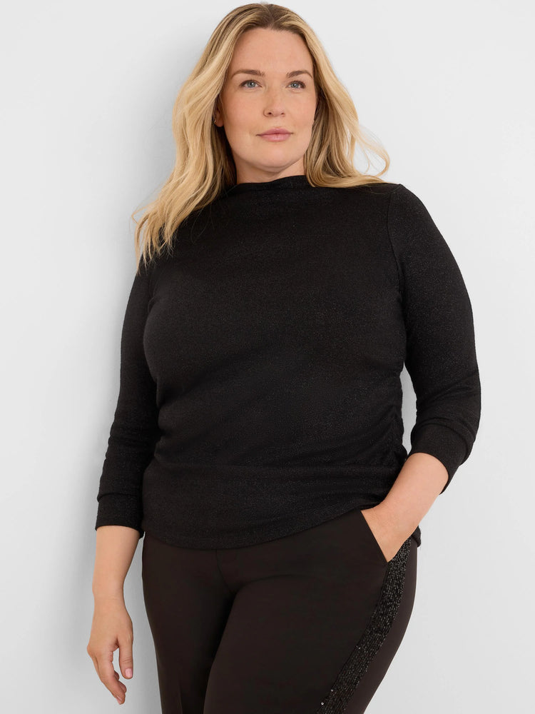 Black sparkle top with a high neck, 3/4 sleeves, and ruched sides.