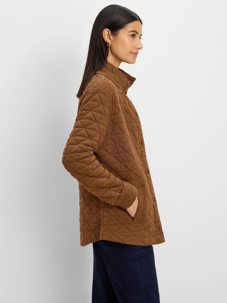 Brown quilted jacket with diamond stitching. Features a stand collar, side pockets, and a relaxed fit.