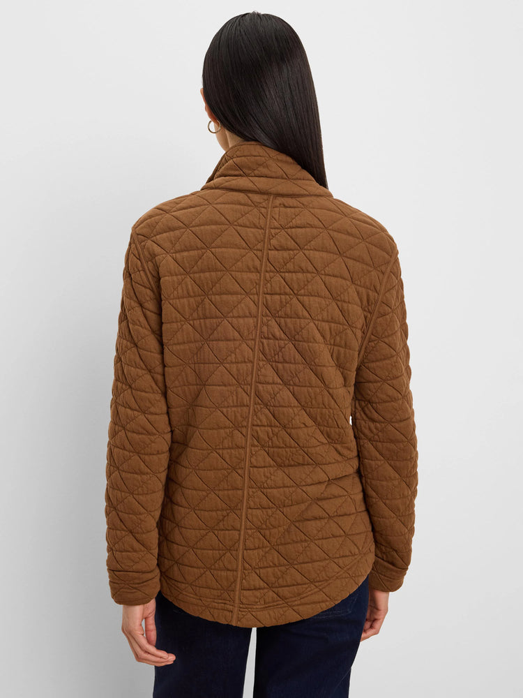 Brown quilted jacket with a diamond pattern, shown from the back on a model.