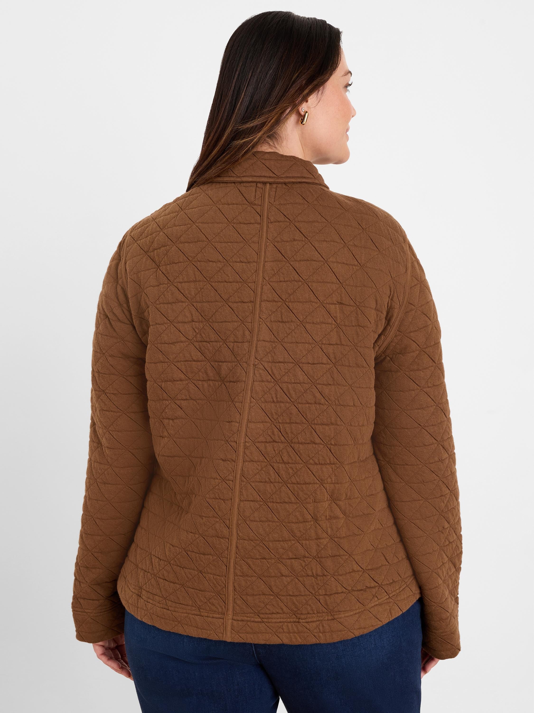 Brown quilted knit jacket with a diamond pattern. Model shown from the back.