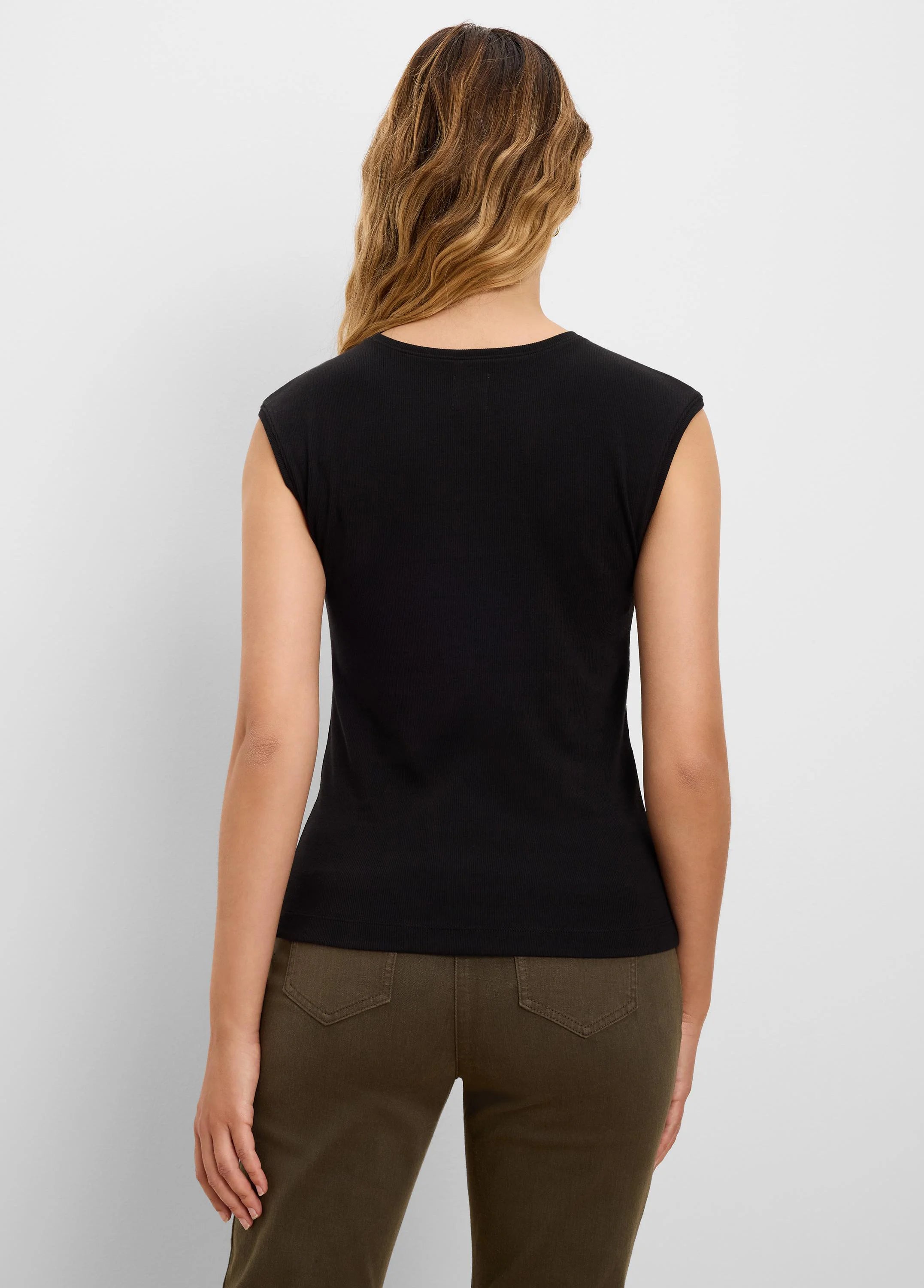 Black ribbed knit sleeveless tank top, back view. Scoop neckline, fitted style.