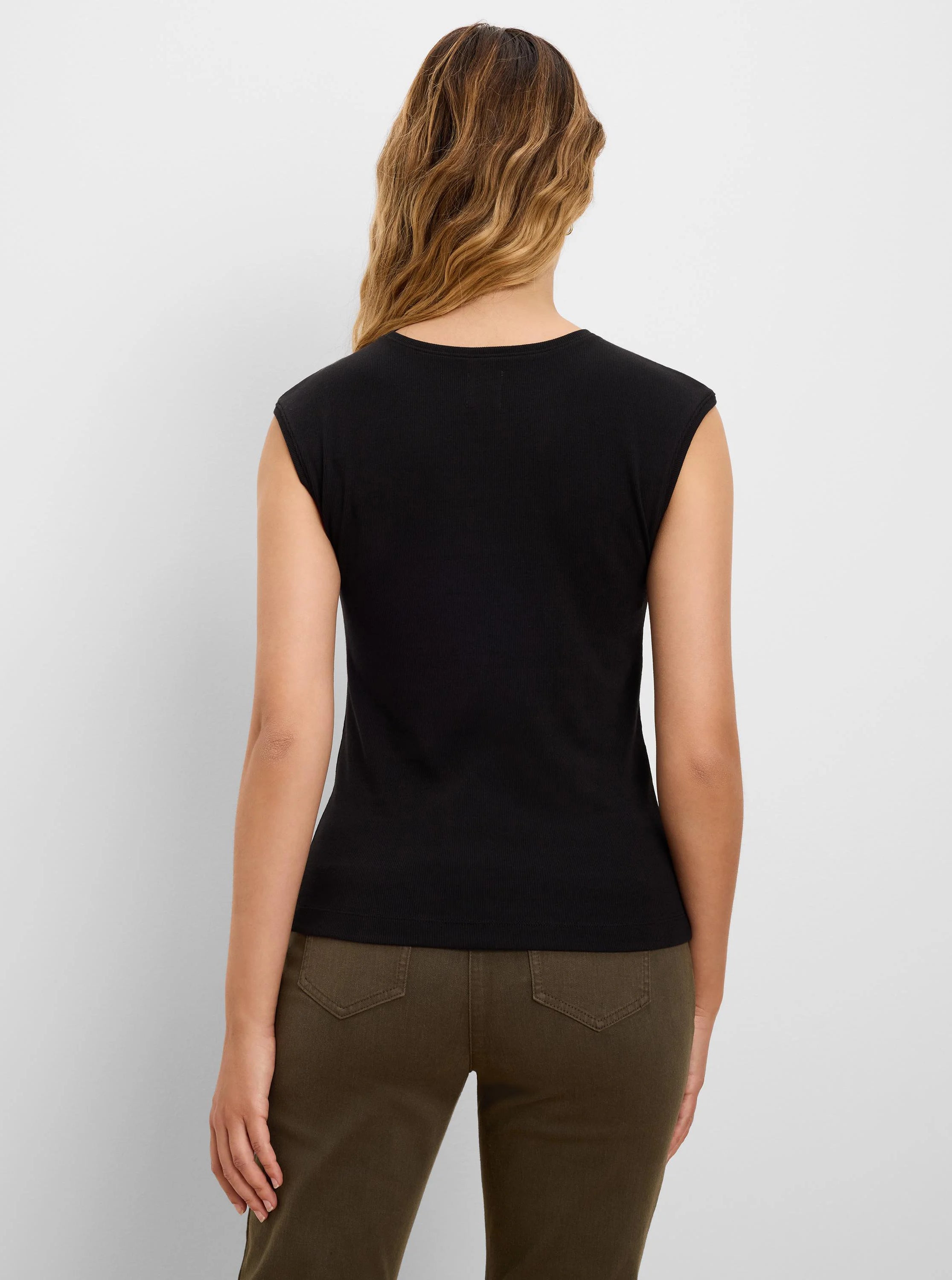 Black ribbed knit sleeveless tank top, back view. Scoop neckline, fitted style.