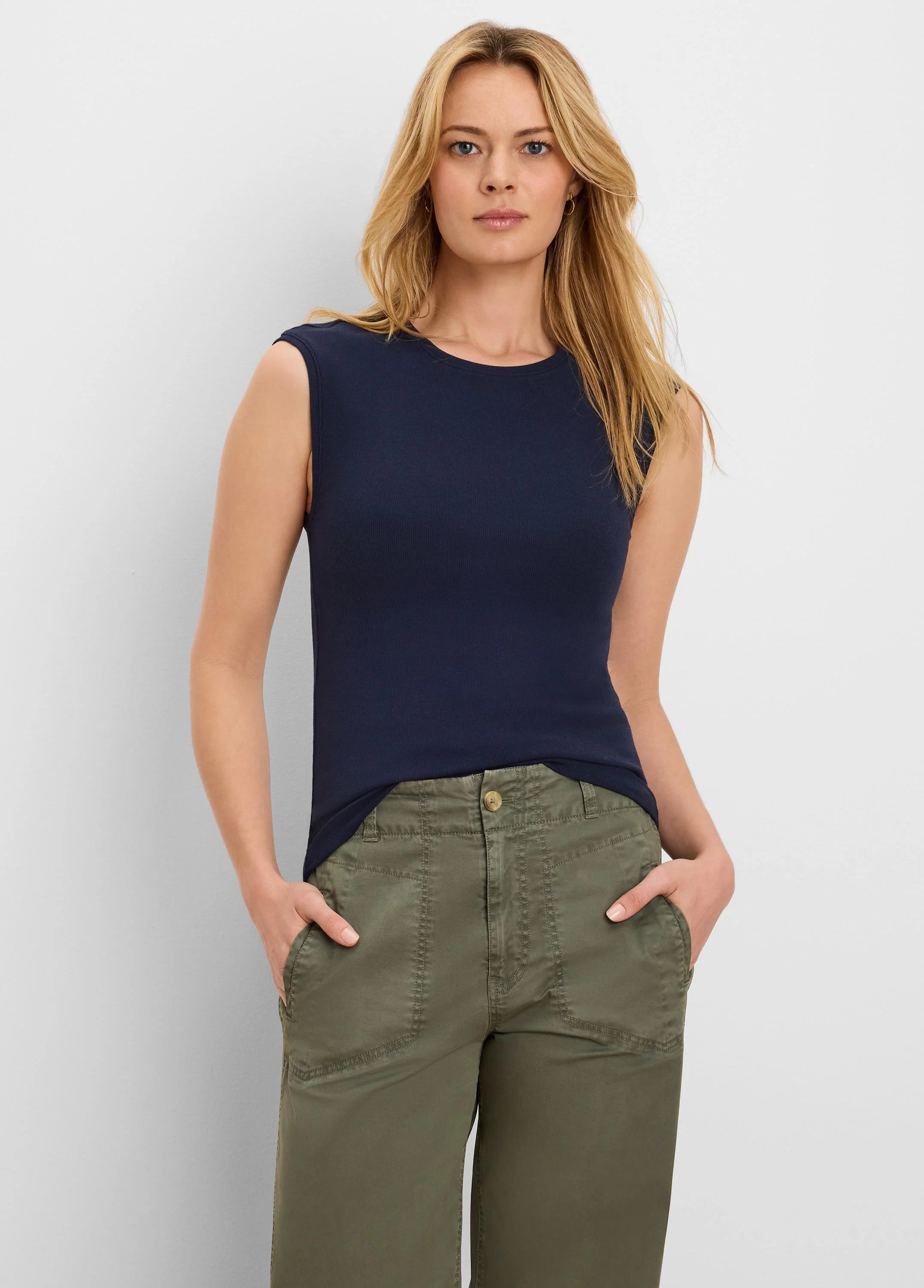 Navy blue knit ribbed sleeveless tank top with a crew neck.