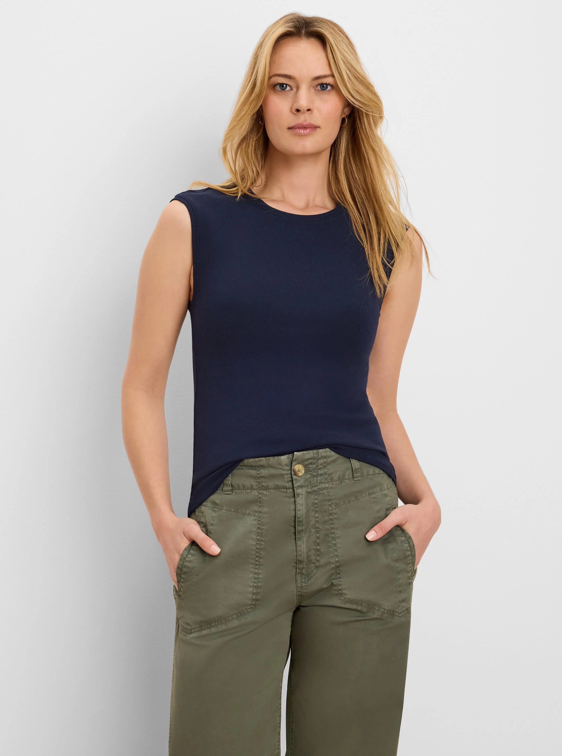 Navy blue knit ribbed sleeveless tank top with a crew neck.