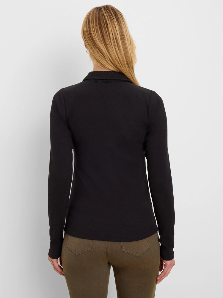 Black, ribbed knit long-sleeve polo shirt with collar, worn by a model and shown from the back.