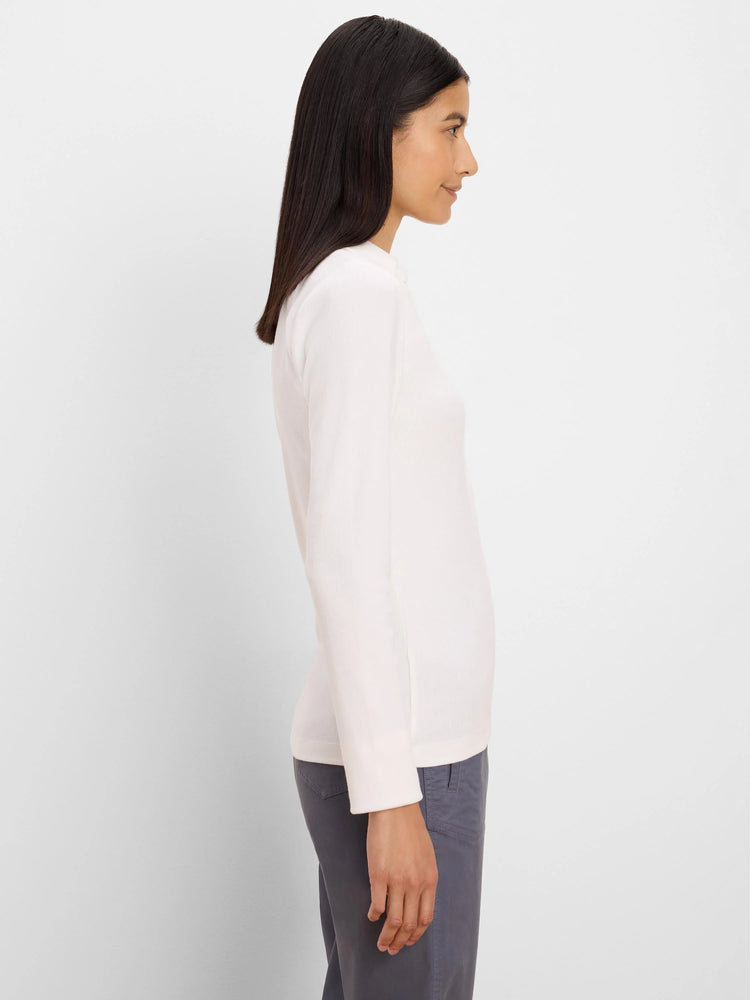 Off-white long-sleeve ribbed knit polo on a model, shown in profile.