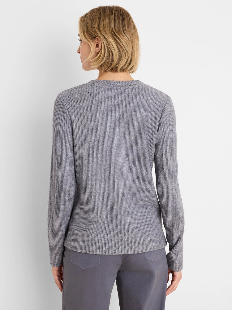 Heather grey waffle knit thermal top with long sleeves and a crew neck, shown on a model from the back.