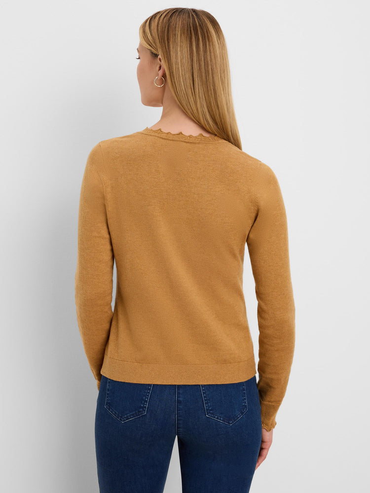 Camel long-sleeve knit sweater with a scalloped neckline, seen from the back.