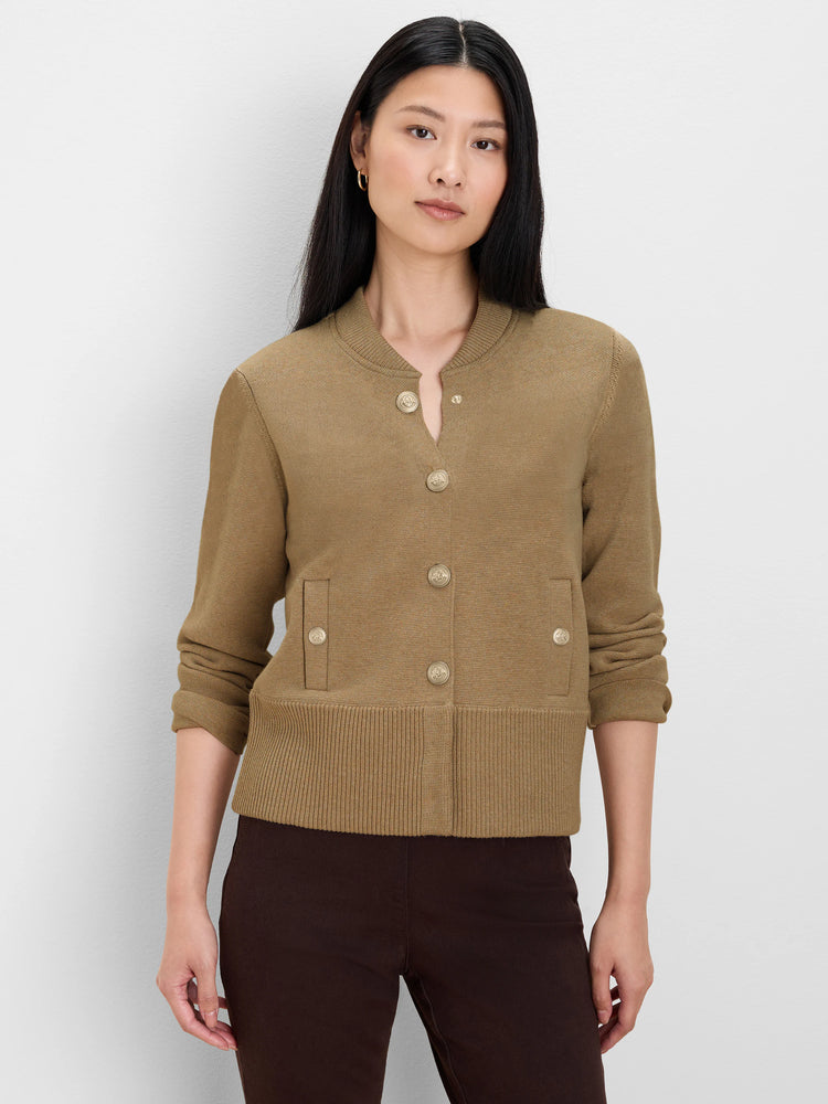 Tan knit bomber jacket with gold snap closure, two snap patch pockets, ribbed collar & hem.