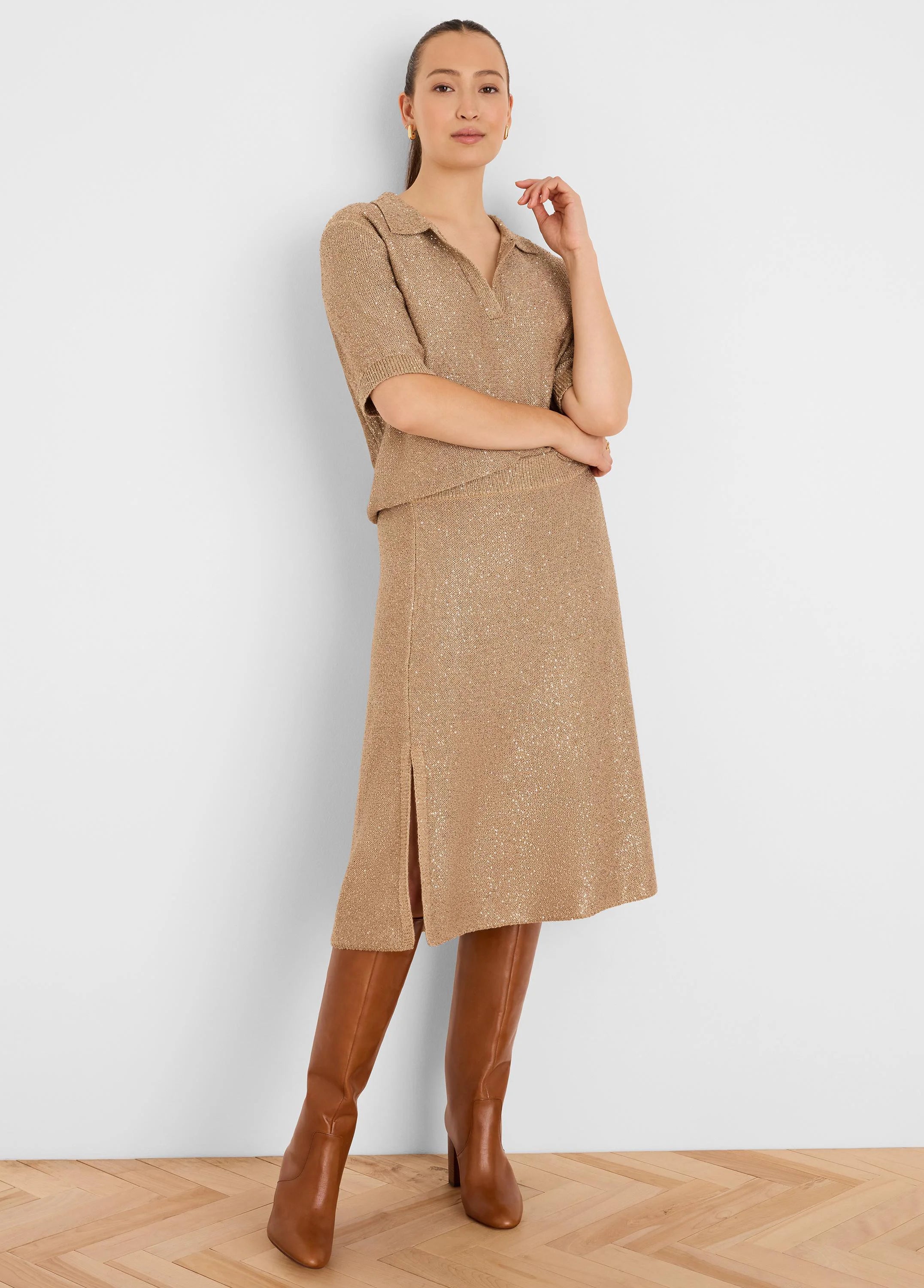 Anytime Sequin Polo Sweater in Chc