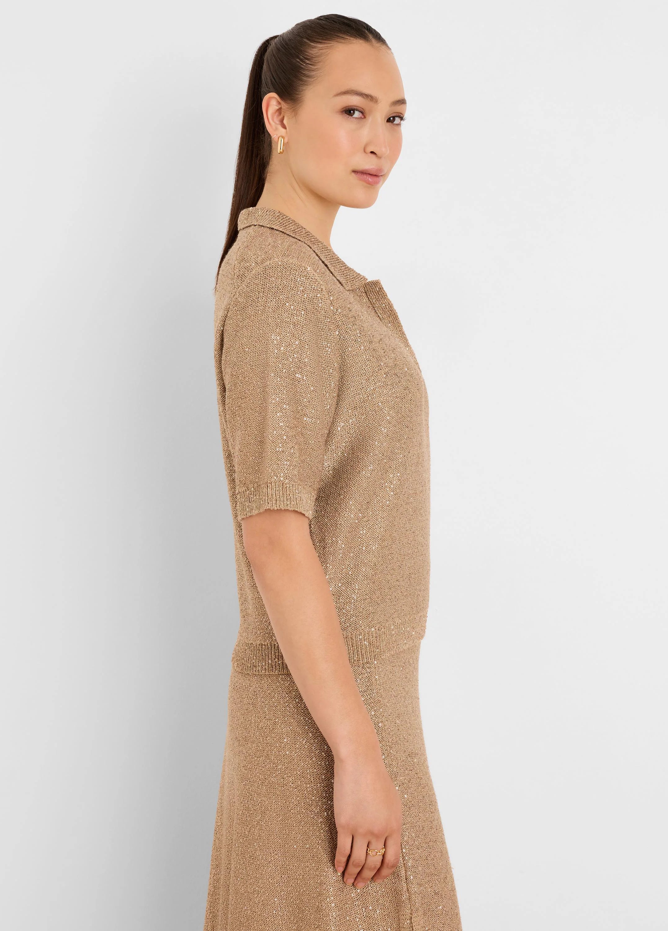 Anytime Sequin Polo Sweater in Chc