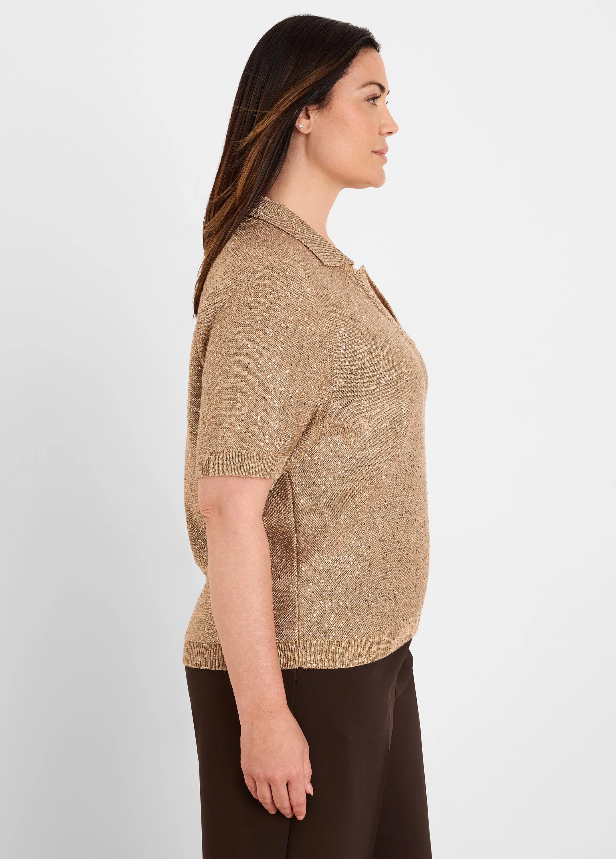 Champagne gold knit polo sweater with short sleeves and a V-neck, featuring scattered small silver sequins.