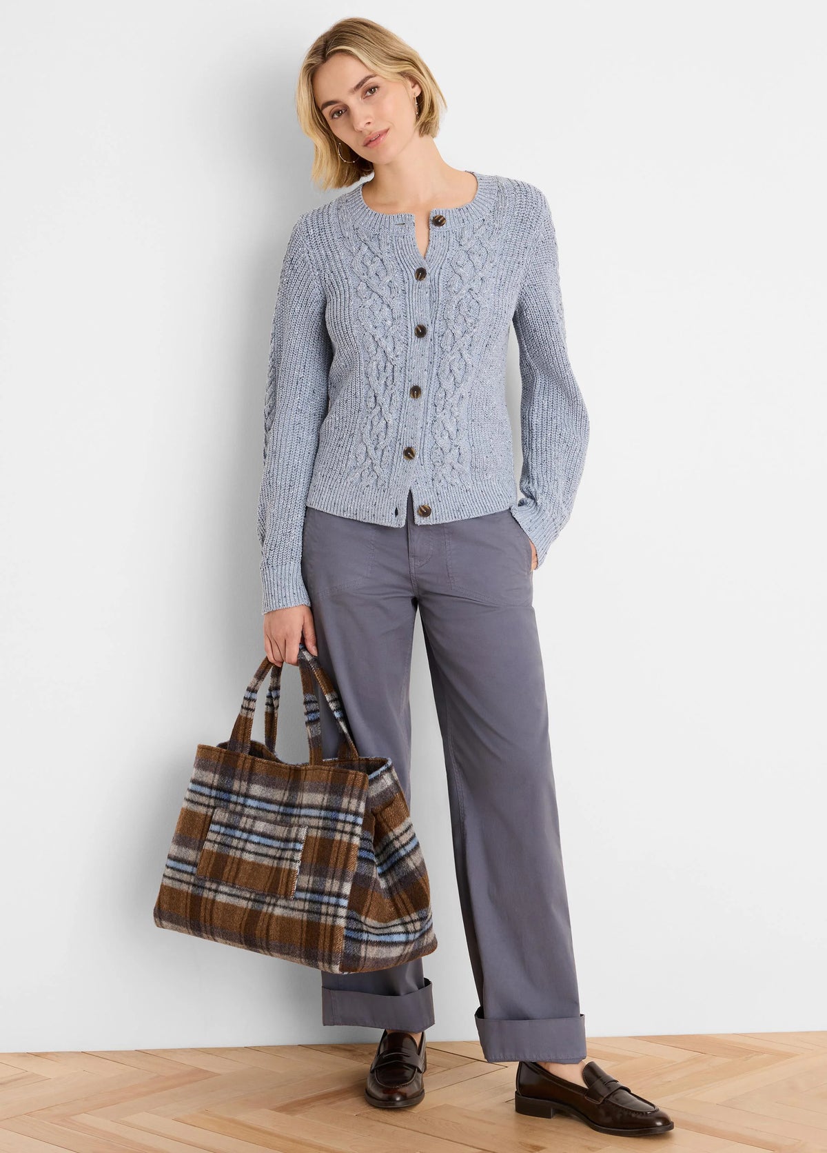 Light blue flecked shaker cardigan with cable knit texture and brown buttons.