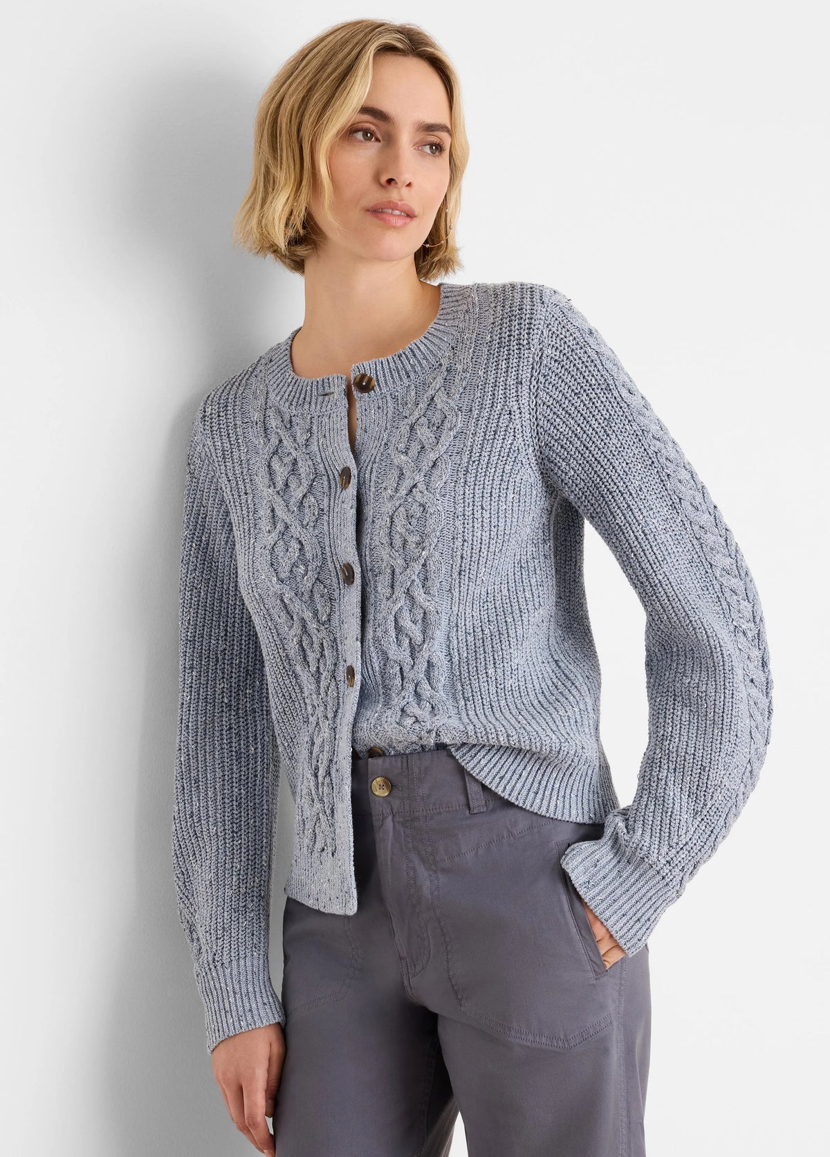 Light blue-grey flecked shaker knit cardigan with cable knit details and brown button-front closure.
