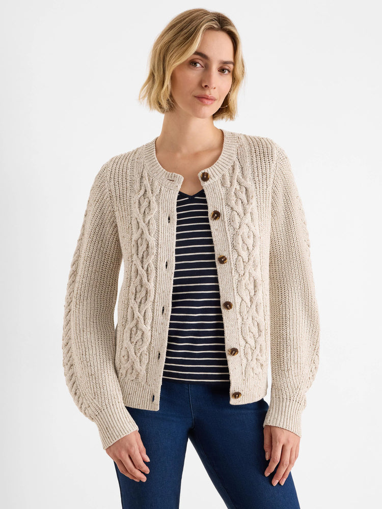 Oatmeal flecked cable knit cardigan with a round neck and brown buttons.