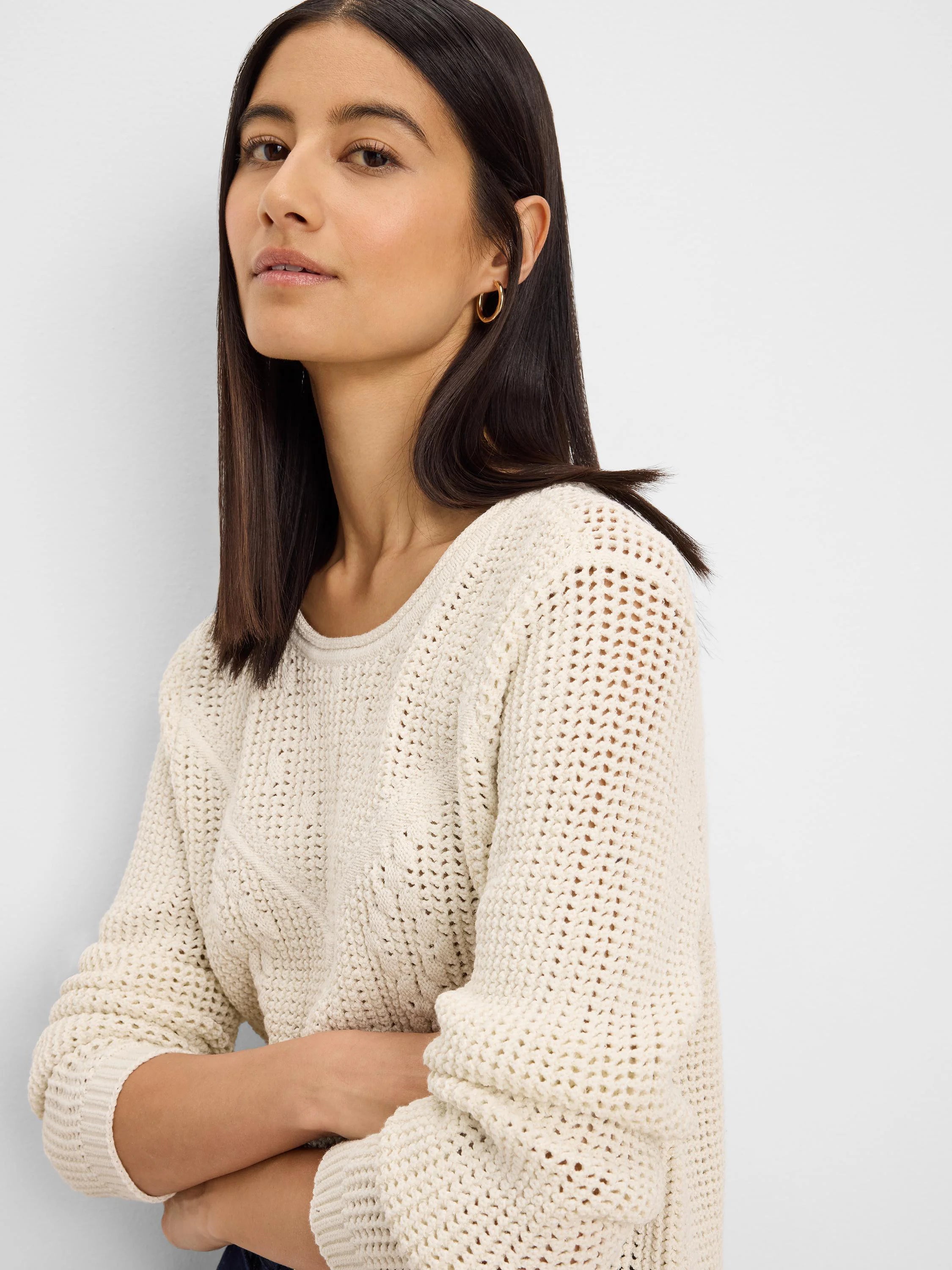 Cream sweater featuring a mix of open-knit, diamond, and ribbed stitch patterns.