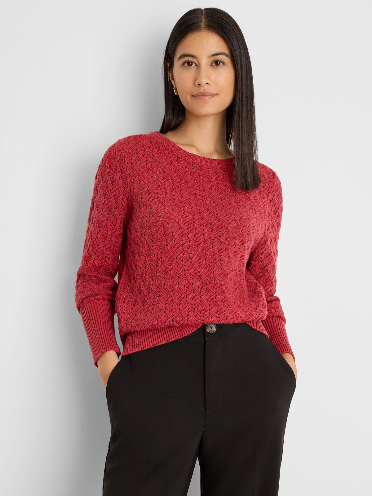 Deep red sweater with an openwork diamond knit pattern, crew neck, and ribbed cuffs/hem.