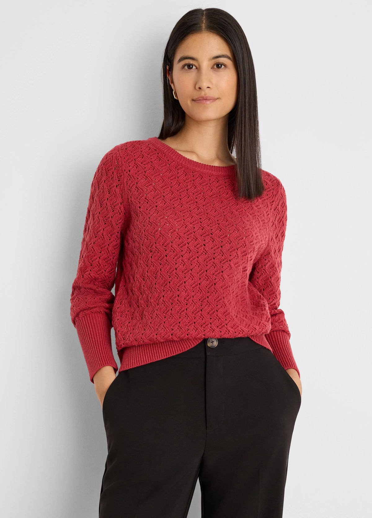 Berry red openwork knit sweater with a crew neck, ribbed cuffs and hem.