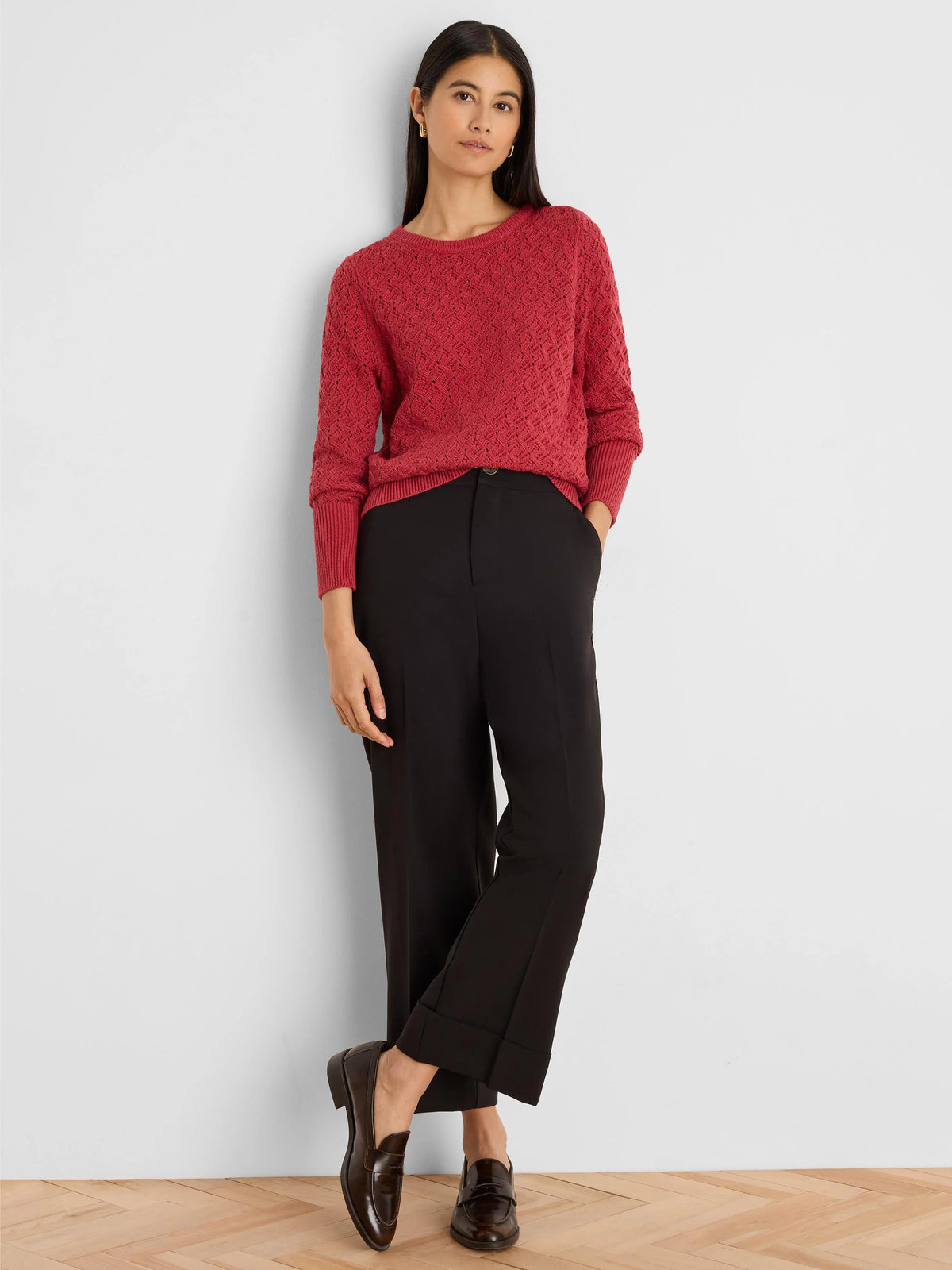 Red Sterling Stitch Sweater, featuring an open geometric knit pattern, crew neck, and ribbed cuffs.